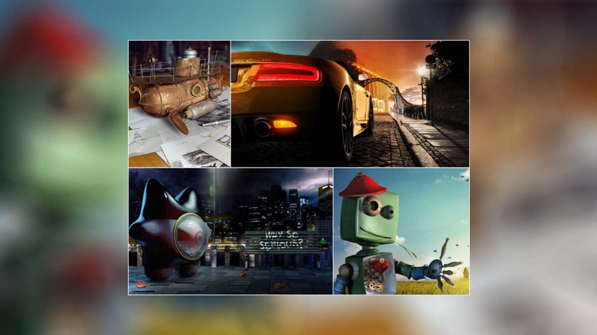 Adobe collage of 3D scenes including a stylized green robot character