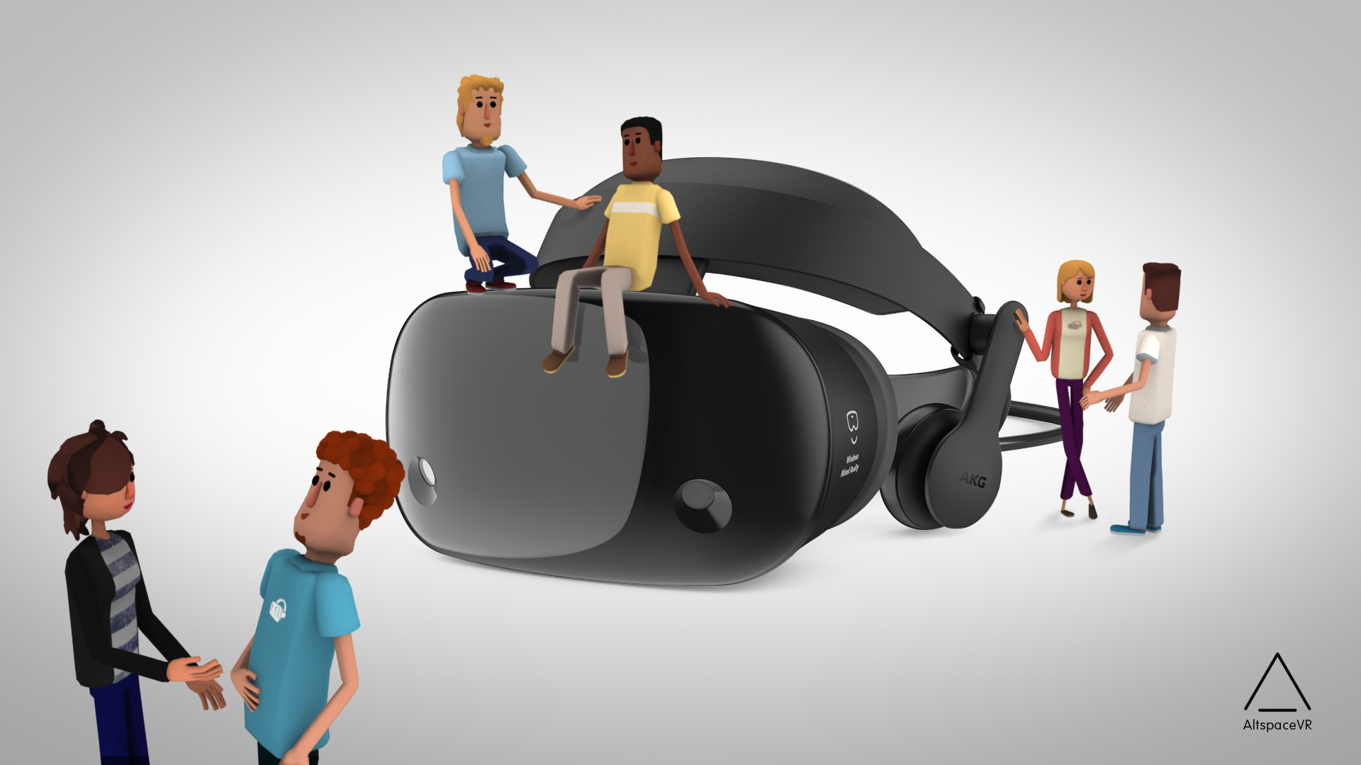 A group of colorful AltspaceVR avatars gathered around a virtual-reality headset