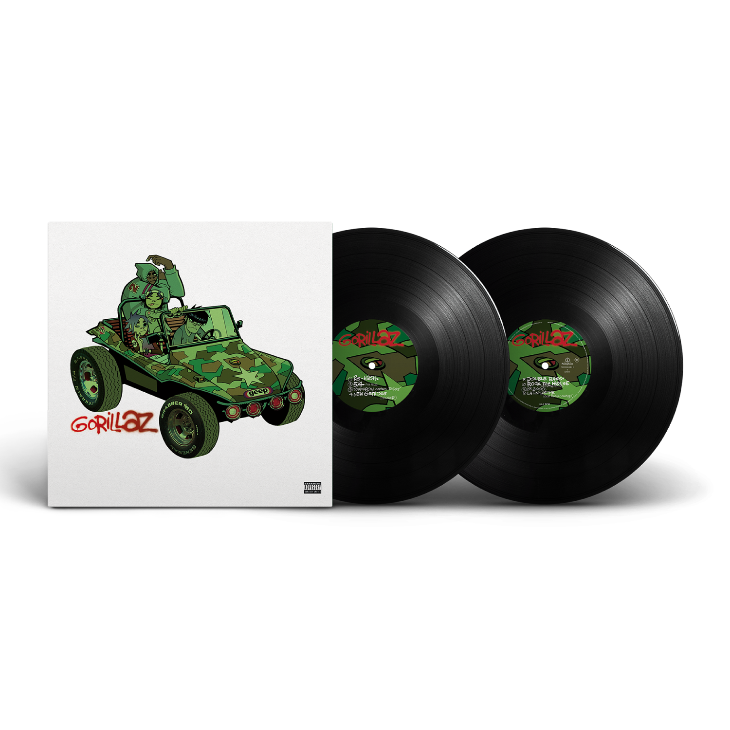 Gorillaz debut album artwork showing the four illustrated band members in a green vehicle beside two vinyl records