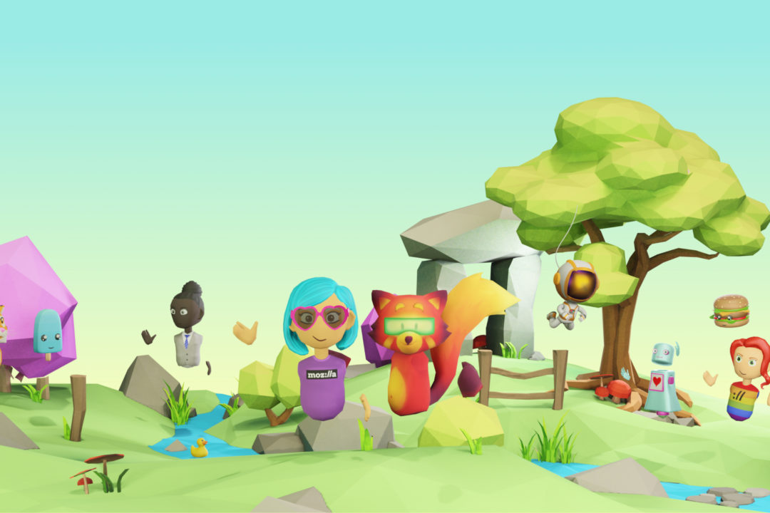 Stylized characters gathered around a shared display in a Mozilla Hubs virtual room