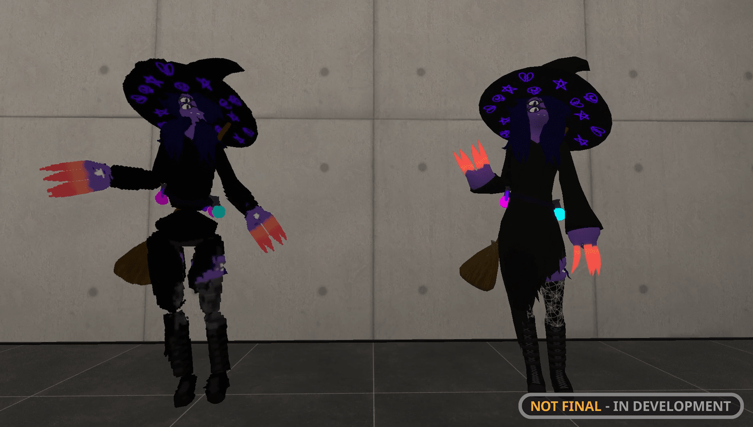 Side-by-side VRChat preview of a detailed purple witch avatar and its simplified generated impostor