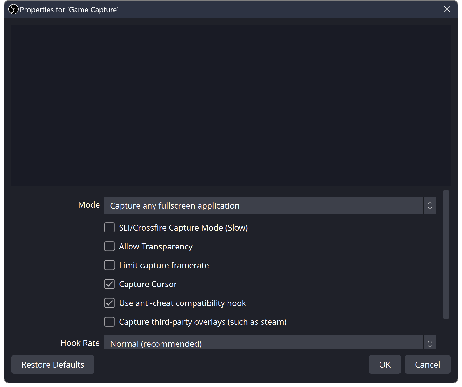 OBS Game Capture properties with the Allow Transparency checkbox visible