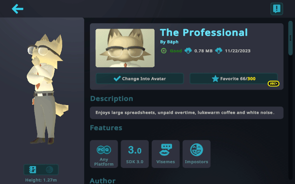 VRChat avatar details walkthrough showing an avatar profile and its performance information