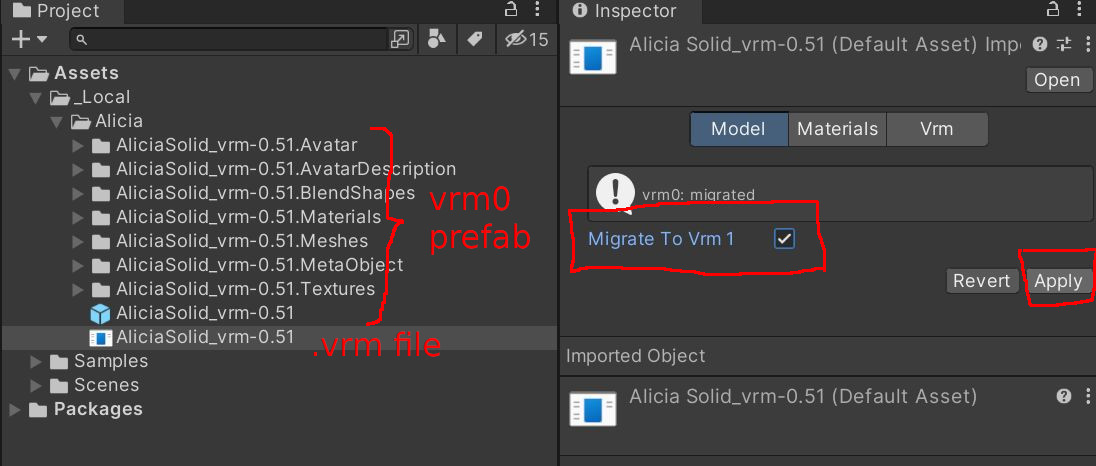 Unity Inspector showing a VRM 0.x asset with Migrate To Vrm1 selected and the Apply button highlighted