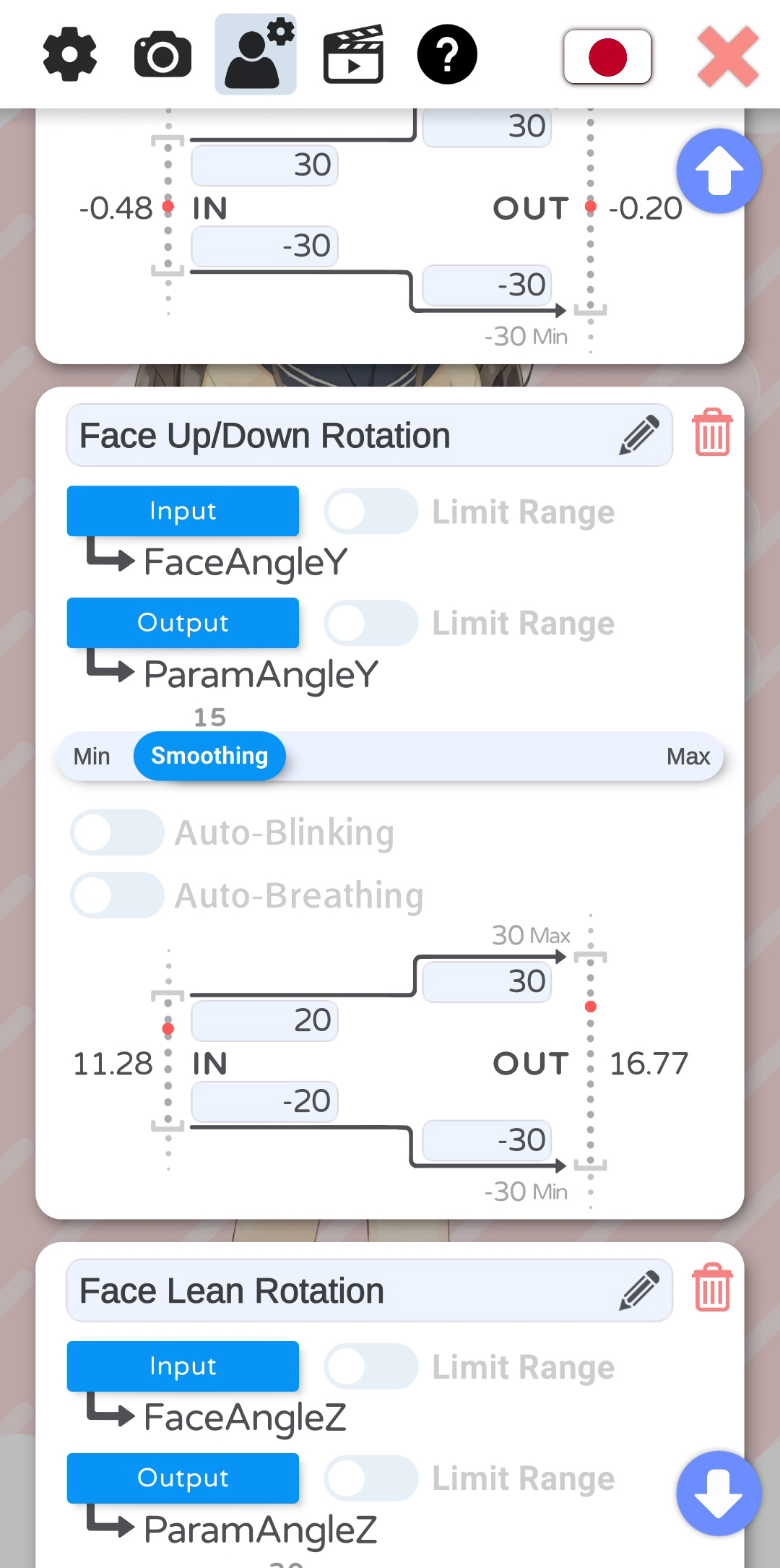 VTube Studio model settings mapping FaceAngleY and FaceAngleZ inputs to Live2D output parameters with ranges and smoothing