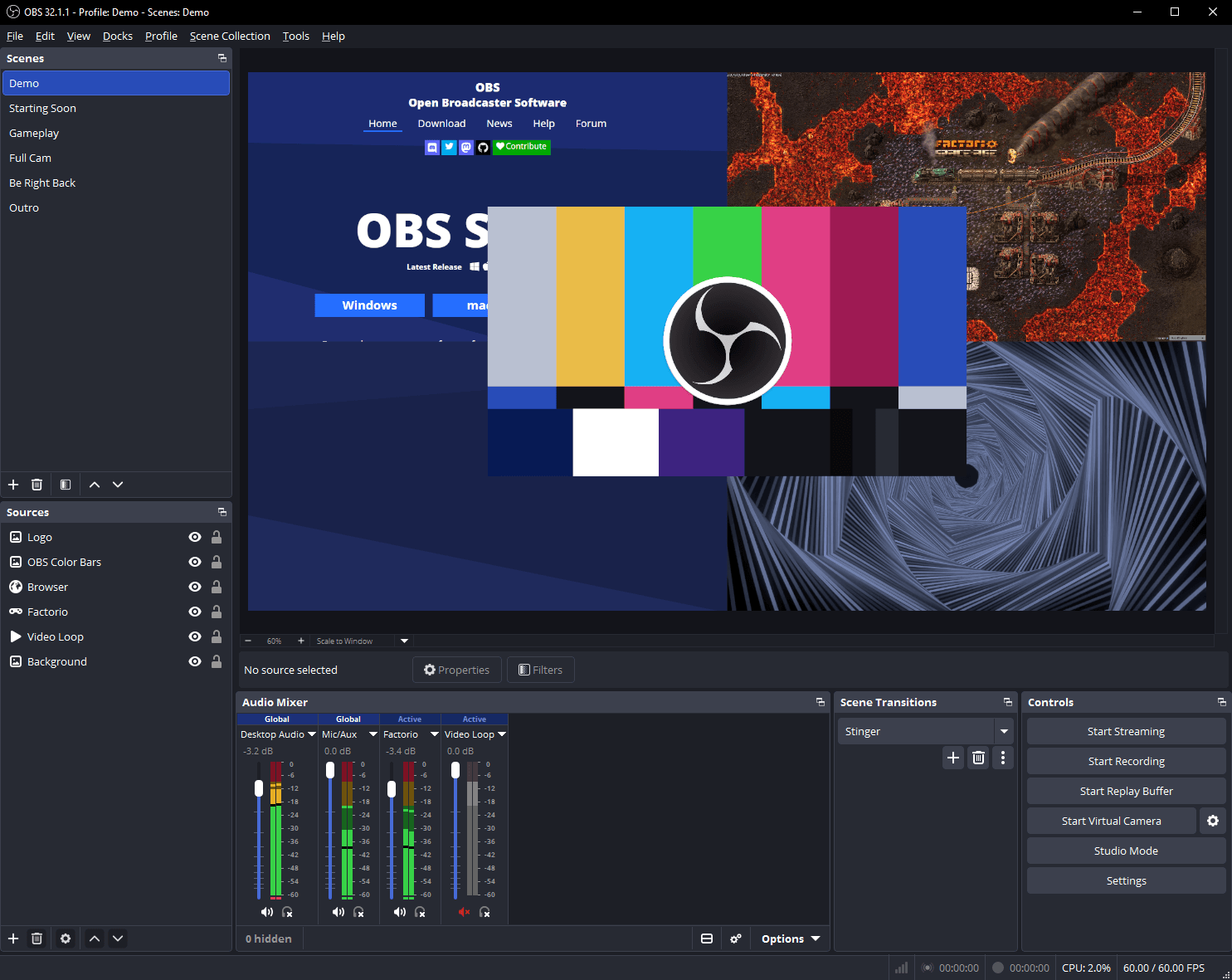 OBS Studio interface with a scenes list, layered video preview, audio mixer and recording controls