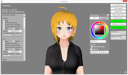 Older VSeeFace interface with a blond 3D avatar, expression settings, lighting controls and tracking buttons